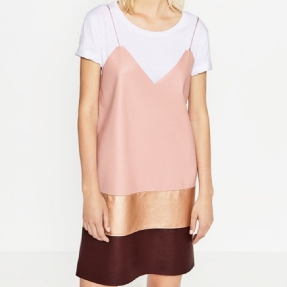 ZARA Vegan Leather Spaghetti Strap Dress Colorblock Pink Gold Burgundy NWT Large